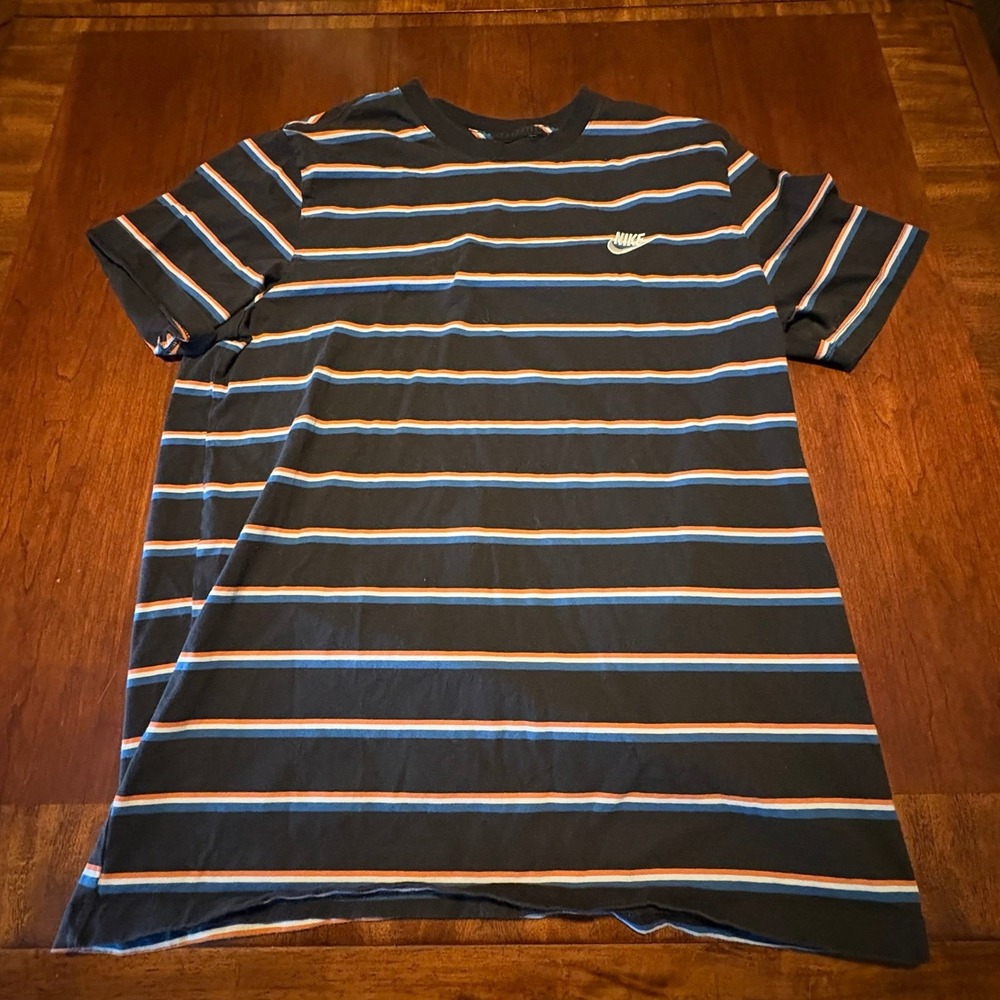 Nike Striped T-Shirt XL Black Blue Orange The Nike Tee‎ Swoosh Logo